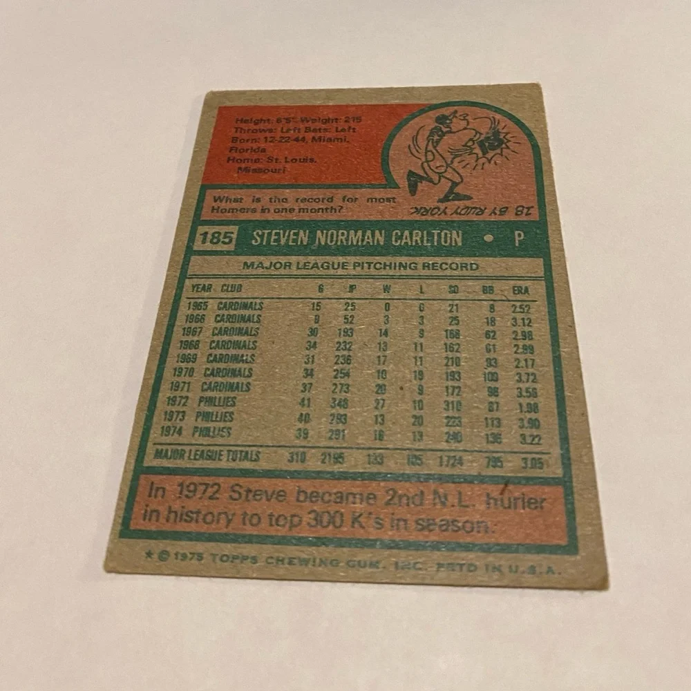 Steve Carlton 1975 Topps Baseball Card #185 Vintage Collectible